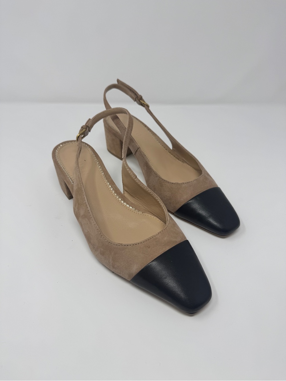 Boden Taupe Suede Slingback Mules with Black Cap Toe